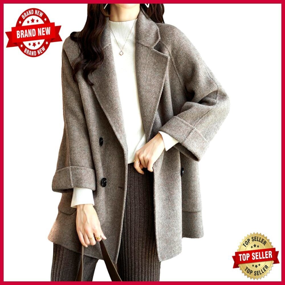 Wool Blend Pea Coat Double Breasted Loose Fit Winter Overcoat Women's